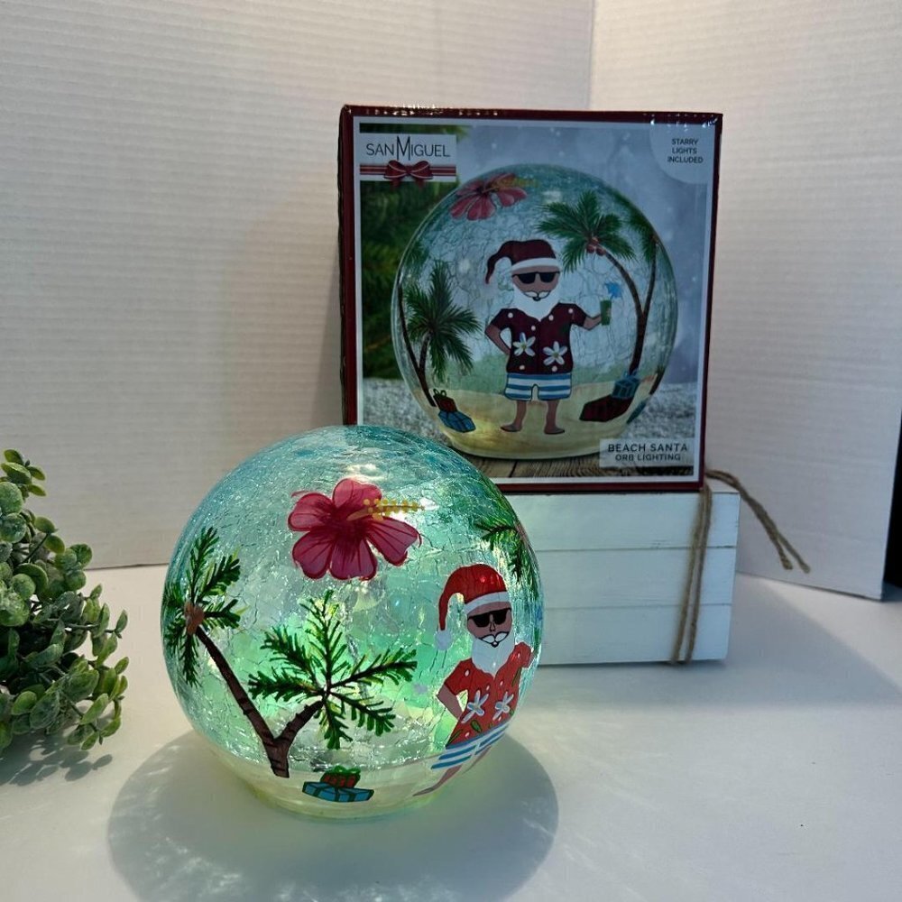 NIB San Miguel lighted tropical Santa glass orb/ball